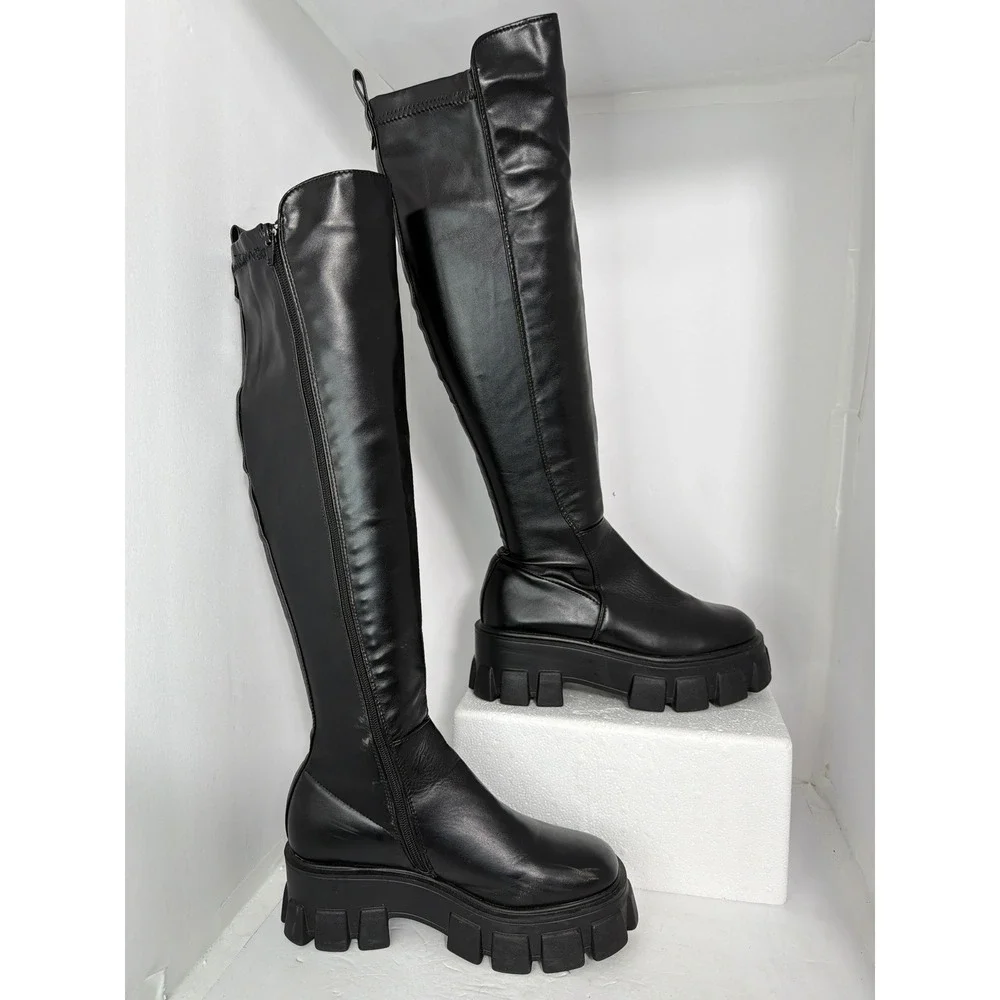 Nasty Gal Black Faux Leather Chunky Platform Over The Knee Lug Sole Boots Size 8